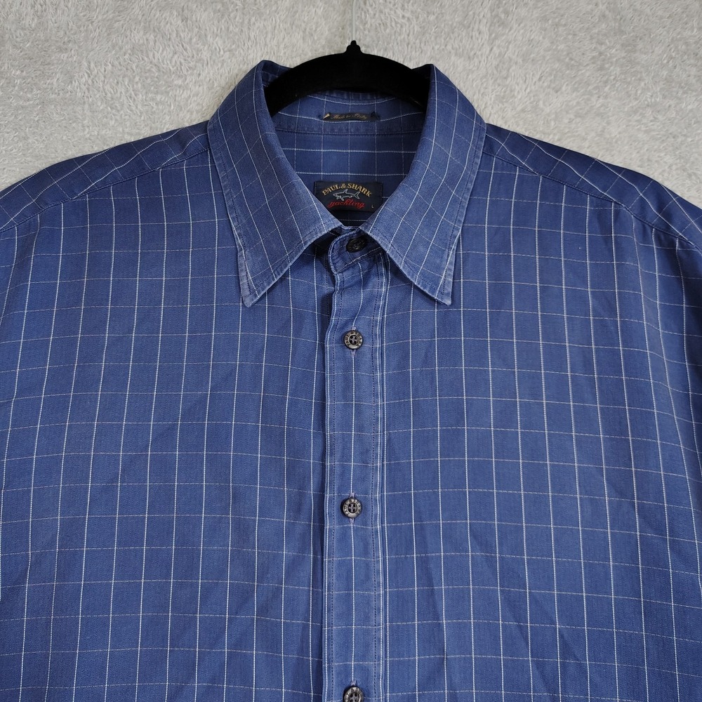 Paul & Shark Yachting Mens Shirt Navy Blue‎ Plaid Button Down L/S Size L Italy